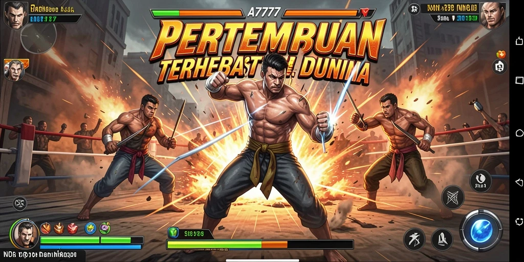 Screenshot utama A7777 menampilkan aksi pertarungan yang dinamis.